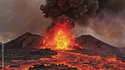 Intense volcanic eruption spews molten lava and thick ash clouds into the dark ominous sky