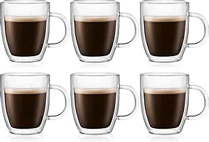Bodum 10oz Bistro Double Wall Insulated Mug, High-Heat Borosilicate Glass, Set of 6, Clear