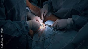 An experienced surgeon performs an operation to remove varicose veins on a woman's legs in clinic.