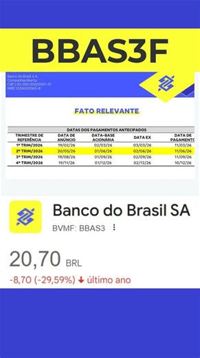 BBAS3 - BBAS3F (DATA COM) ABERTA PARA DIVIDENDOS DO BANCO DO BRASIL - EM MAIO DE 2026 - BBAS3 CAINDO