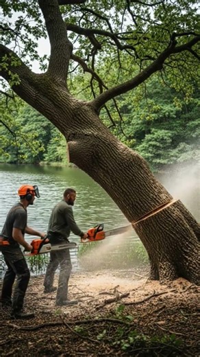 wood cutter cutting old large tree in forest with machine #treetrimming#treeexperts #woodscraft#tree