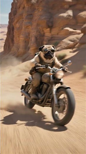 Pug on vintage motorcycle speeding through sandy canyon.