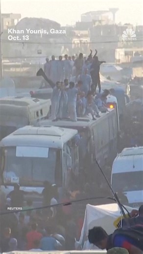 A group of buses carrying freed Palestinians who were imprisoned by Israel arrived in southern Gaza today to crowds of people awaiting them. Hamas pledged to release the Israeli hostages by today in exchange for 250 prisoners serving life sentences and more than 1,700 Palestinians detained after the Oct. 7, 2023 attack. | NBC News