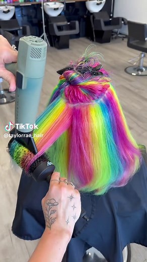 Rainbow Blowout 🌈 using my @gammastylecrafthair Sage Hair Dryer & No Frizz Round Brush ✨ use code TAYLOR10 for $$ off the best hair tools! ✨ #denverhairstylist #denverhair #rainbowhair #althairstylist #hairtutorial