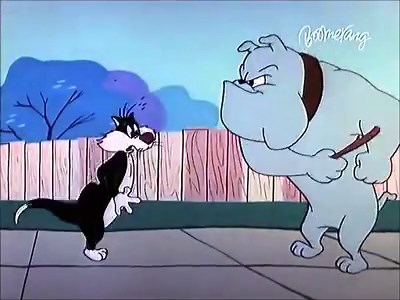 Sylvester makes several attempts to get rid of a pesky bulldog puppy, but is foiled by his protective father in "Pappy's Puppy" (Friz Freleng, 1955). Here's one example. | GoldenAgeCartoons.com