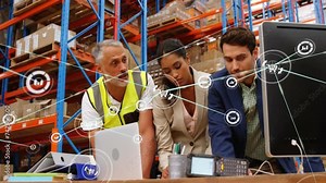 Animation of network of connections with icons over diverse workers using computer in warehouse