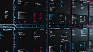 Process of virtual software. Animation. Displaying 3d cells with changing values in database. Distribution of codes and numbers across tables in virtual space