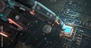 Robotic arm touching CPU AI integrated on circuitboard, inside computer view, disassembling electronic device