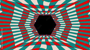 Geometric background with red and teal patterns creating a 3D tunnel effect, drawing the eye inward.
