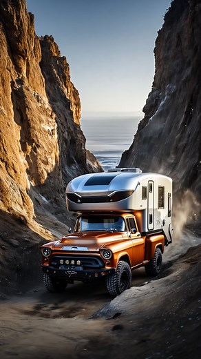 Chevrolet | Task Force – “Atomic Nomad” – AI digital design This off-road expedition rig fuses classic 1950s Chevy Task Force lines with an ultra-modern overland camper. Built for desert passes and canyon crawls, it pairs retro toughness with futuristic comforts in a truly one-of-a-kind package. #crazycampers #chevrolettaskforce #taskforcepickup #overlandbuild #offroadcamper #expeditionrig #camperconversion #4x4camper #vintagepickup #adventurevehicle #overlandinglife #camperdesign #adventuremobi