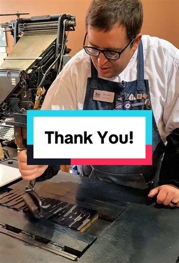 This video goes out to all of our supporters, especially those who sent donations for our annual Big Day Of Giving. We had a fundraising goal of $25,000 and we reached it! Thank you so much for supporting the Sacramento History Museum! Jared had to get out the largest wood type (30 line pica that was made in the late 1880s) in the print shop for this video. The typeface is French Clarendon. The print reads, “THANK YOU!” This was letterpress printed with reflex blue rubber base ink using our Wash