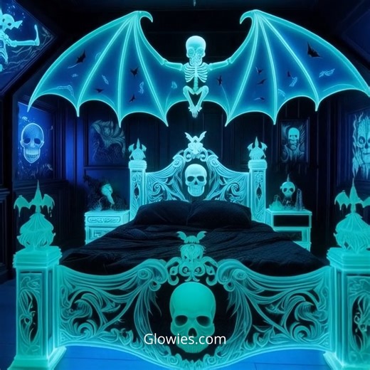 This gothic bedroom lights up the night with a glow-in-the-dark bed covered in skulls and bats. It’s spooky, cozy, and totally enchanting—like sleeping inside a haunted dream. Shadows dance across the room as the eerie glow sets the perfect gothic mood. For those who love the night and live for the darkness, this is bedtime at its finest. 🖤💀🦇✨ | Gothic Darling