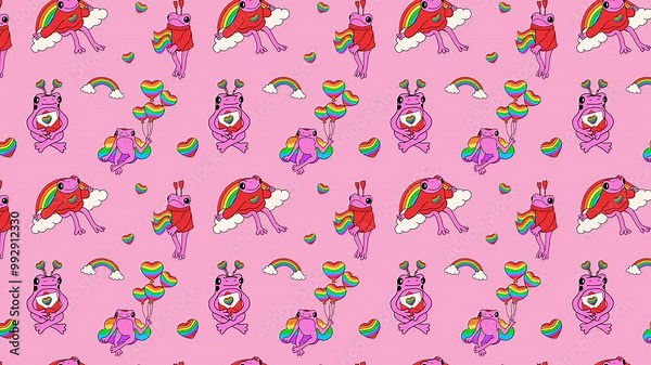 Cute frog with symbols set in rainbow colors. Old animation Loop Background. Video flat cartoon animation design element. 4K video footage