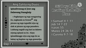 Click Here to see Playlist  https://bit.ly/3fKKvJZ #Genesis #Samuel #Job #Isaias #Mateo #1MgaTagaCorinto #Bible #MagandangBalita #OneYearChallenge #TagalogAudio #BalanceBibleReading Balanseng Pagbabasa ng Bibliya 365 Days Bible Reading Challenge (Tagalog Audio with Text) Day 071 Ang Salita ng Diyos Day 71 Plan: Genesis 40 I Samuel 4:1-11 Job 14:7-22 Isaias 55 Mateo 24:36-51 I Corinto 9:7-18 | Aayushi Jaiswal | Facebook