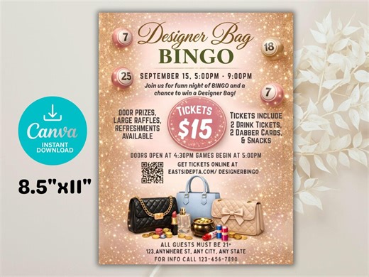 Editable Designer Bag Bingo Night Flyer, Womens Fundraiser CANVA Template, Gold Pink - Etsy