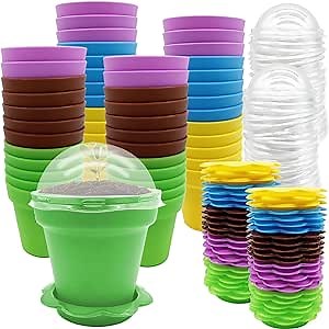 PURPLE STAR 1N 50 Packs Cupcake Plant Nursery Pots with Humidity Dome- Planting Containers Cups- Small Flower Pots for Indoor Outdoor Plant Succulent Vegetable (Mixed Color)