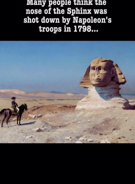 Historical Narratives on Instagram‎: "The Great Sphinx of Giza, located on the Giza Plateau near Cairo, Egypt, is a colossal limestone statue with the body of a lion and the head of a pharaoh. The nose of the Sphinx has been a subject of speculation and debate, as it is famously missing. There are several theories about what happened to the nose, but none of them have been conclusively proven. One popular legend suggests that the nose was shot off by a cannonball fired by Napoleon's soldiers dur