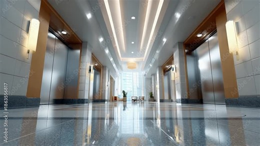 Lobby Architecture : A modern and sleek lobby, reflecting an atmosphere of progress, invites guests with its architectural brilliance, and clean design. Awaiting elevator in a spacious hallway.
