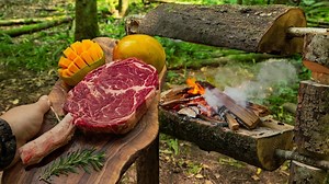【4K】ASMR户外烹饪🔥在大森林烤制芒果酱芝士战斧牛排🥩🔥🧀🌿| 作者：Cook Loop