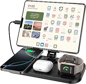 4 in 1 Wireless Charging Station with Stand for iPhone 16/15/14, Apple Watch 10/9/8, AirPods Pro 2 | Foldable Travel Charger | Nightstand Design (Black)