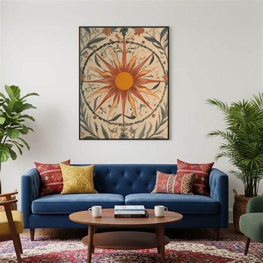 Boho Elegant Heritage Decor, Vintage Sunburst Wall Art Celestial Botanical Print - Etsy