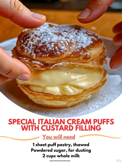 Special  Italian Cream Puffs with Custard Filling Ingredients: 1 sheet puff pastry, thawed Powdered sugar, for dusting Custard Filling: 2 cups whole milk ..... Full Recipe in Coʍmеոτ   | Cooking Recipes Yummy | Facebook