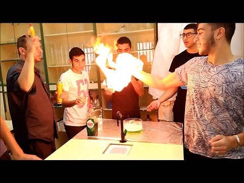 The Fire Hands trick, in the laboratory, with the students. Fire Bubbles.