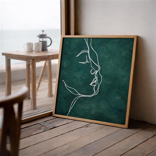 Line Art Print, Abstract Face Wall Art, Minimalist Woman Portrait, Dark Green Modern Decor - Etsy