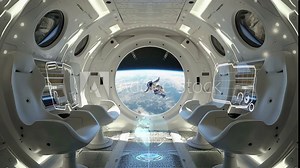 space background. spaceship interior with view on earth 3D rendering, seamless looping overlay 4k virtual video animation background