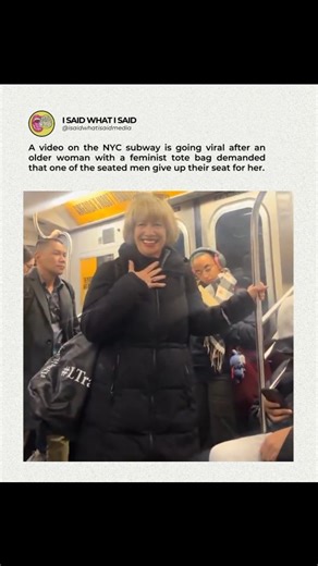 I Said What I Said Media on Instagram: "A woman on a crowded NYC subway is getting attention online after asking the men on board to give up their seat while holding a tote bag with a feminist message. Riders looked stunned as she insisted. What would you have done in this situation? #reels #trending #blackcommunity #usa #nativeamerican #viral #fyp #blackamericans #explore #isaidiwhatisaidmedia"