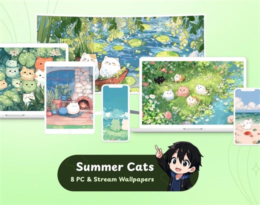 8 Summer Cat Backgrounds | Desktop Wallpapers | Stream Screens | Anime Cats | Pet Stream Overlays | Vtuber Backgrounds - Etsy
