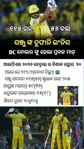 ସଞ୍ଜୁ ସାମସନ କଲେ ଛକା ଚଉକା ବର୍ଷା ଚେନ୍ନାଇ ର ଦମ୍‌ଦାର ପ୍ରଦର୍ଶନ