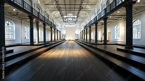 A wide, open space with a wooden floor and a series of steps leading to a white wall in the distance