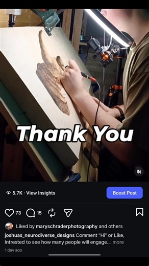 NeuroDiverse Pyrography’s on Instagram: "THANK YOU ALL.... It's those small victorys that make it all worth it, 5.7k to some is an easy 10 minutes. But for me that's 5.7k more people than I ever thought. I post not for FAME, not for FORTUNE. But beacuse I love what I do, but with that to make others smile or laugh. I am a fool in my videos, but as long as people are enjoying it and can appreciate me and my work. It's worth it. BUT, that's it. Without you and your support, there wouldn't be any p