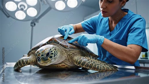 Turtle care process at a rehabilitation center with a marine expert attending to the animal