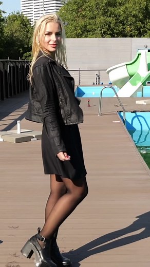 Wetlook Pool Party with Leather Dress | Office Lady Wetlook