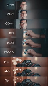 Master Camera Settings in 9 Frames! 🎥 1️⃣ Focal Length: 24mm – Wide shots, landscapes, and vlogs. 50mm – Natural perspective, portraits, and everyday shots. 100mm – Close-ups, compression, and cinematic depth. 2️⃣ Shutter Speed: 1/10 – Motion blur for dreamy or cinematic feel. 1/100 – Natural motion for standard video. 1/2000 – Freezing fast action (sports, slow-mo). 3️⃣ Aperture: f/1.4 – Blurry background, low light, cinematic look. f/4.0 – Balanced focus, great for interviews. f/16 – Everythi