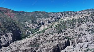 Aerial Maple Canyon rock climb area Utah pull 3. Central Utah recreation hiking and exploring. Maple Canyon world famous recreation rock climbing. Erosion narrow box canyon. Hike and explore.