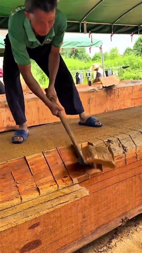 Splitting a large cedar log into wooden planks using a heavy metal axe and steady strikes