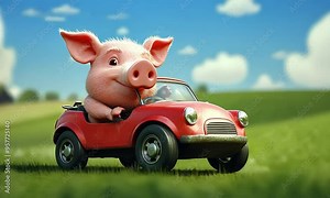 Smiling pig driving a small red car with ai generated.
