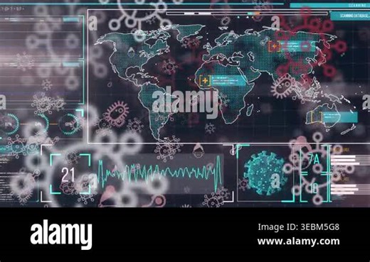 Animation of covid 19 cells and data processing over world map. global covid 19 pandemic and data processing concept digitally generated video Stock Video Footage - Alamy
