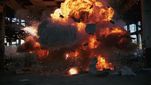 Download A handheld camera shakes as an explosion erupts in an abandoned factory. Smoke and sparks fill the frame, and debris falls in slow motion. Intense cinematic live-action. for free