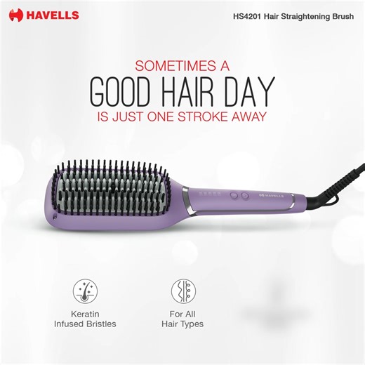 Straighten out those bad hair days in minutes with the HS4201 Hair Straightening Brush. Compatible for all hair types, its Keratin Infused Bristles adds strength to your hair and prevents breakage. So add this game changer in your glam-to-go list. Order now: https://bit.ly/HS4201-Hair-Straightening-Brush #Havells #HavellsPersonalGrooming #HairStraighteningBrush | Havells