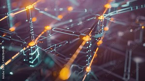 An abstract Video featuring a blue and yellow background adorned with intersecting lines and dots, Multiple nodes exchanging data in a blockchain network