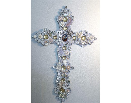 Christian Cross Rhinestone Repurposed Jewelry Collage Wall Art | Handmade in the USA - Etsy