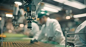 Advanced High Precision Robot Arms on Fully Automated PCB Assembly Line Inside Modern Electronics Factory. Electronic Devices Production Industry. Component Installation on Circuit Board