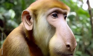 A close up view of a rhesus monkey, showcasing its unique features and expressive gaze in a lush green environment, highlighting its intelligence and curiosity.