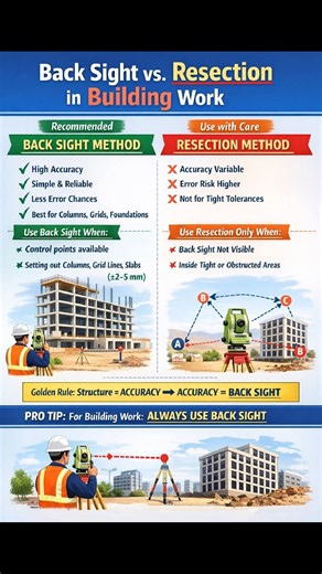🏗️ Back Sight vs Resection Method in Building Work In building construction, accuracy is everything. Many surveyors get confused between Back Sight and Resection, but both are not equal in practice. ✅ Back Sight Method (Highly Recommended) • High accuracy • Simple & reliable • Less chances of error • Best for columns, grid lines, foundations & slabs • Standard method for building work ⚠️ Resection Method (Use with Care) • Accuracy depends on known points • Higher error risk • Not suitable for t