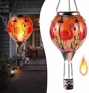 Hot Air Balloon Solar Lantern - Flamingo Stained Glass Lantern, Simulated Flickering & Dancing Flame, Outdoor Hanging Yard Light Waterproof IP65 for Patio Lawn Porch Decor Gift