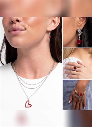 💘💘 $8.00 Each💘💘 Valentines Day Decadence -Necklace A mismatched trio of satellite snake, dainty satellite, and dainty ball chains layer and cascade below the neckline. A tilted silver heart embellished in red rhinestones glides along the lowermost chain for a heartfelt finish. Features an adjustable clasp closure. Sold as one individual necklace. Includes one pair of matching earrings. Valentines Vaudeville -Earrings Featuring a round and tilted square-cut white rhinestone, abstract silver h